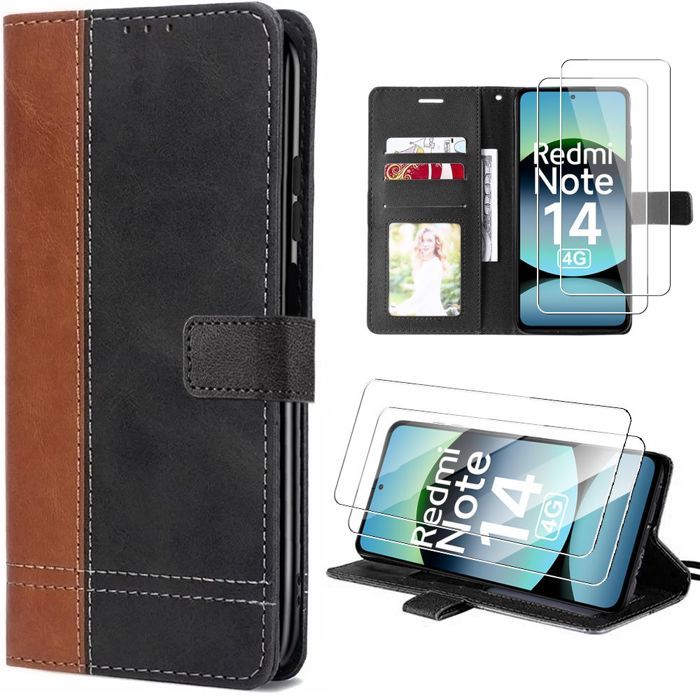 Hülle + 2 Panzerglas für Xiaomi Redmi Note 14 4G (nicht für 5G) Kratzschutz Synthetikleder Braun/Schwarz