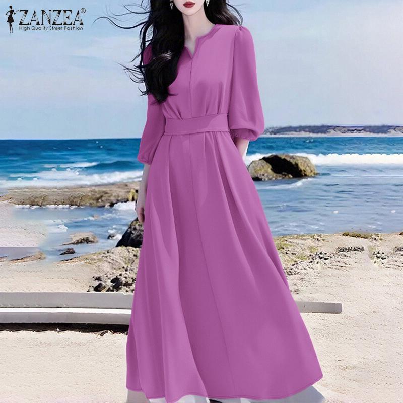 

ZANZEA Women Casual V-Neck Loose 3/4 Sleeve Plain Long Dress 5XL зелений