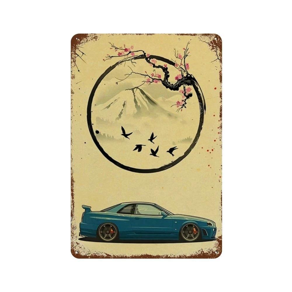 Auto Giapponesi d'Epoca Samurai Poster Latta Metallo Cartello Targhetta Giappone Corse Casa Club Jdm Auto Gtr Anime Luna Decorazione Murale Estetica