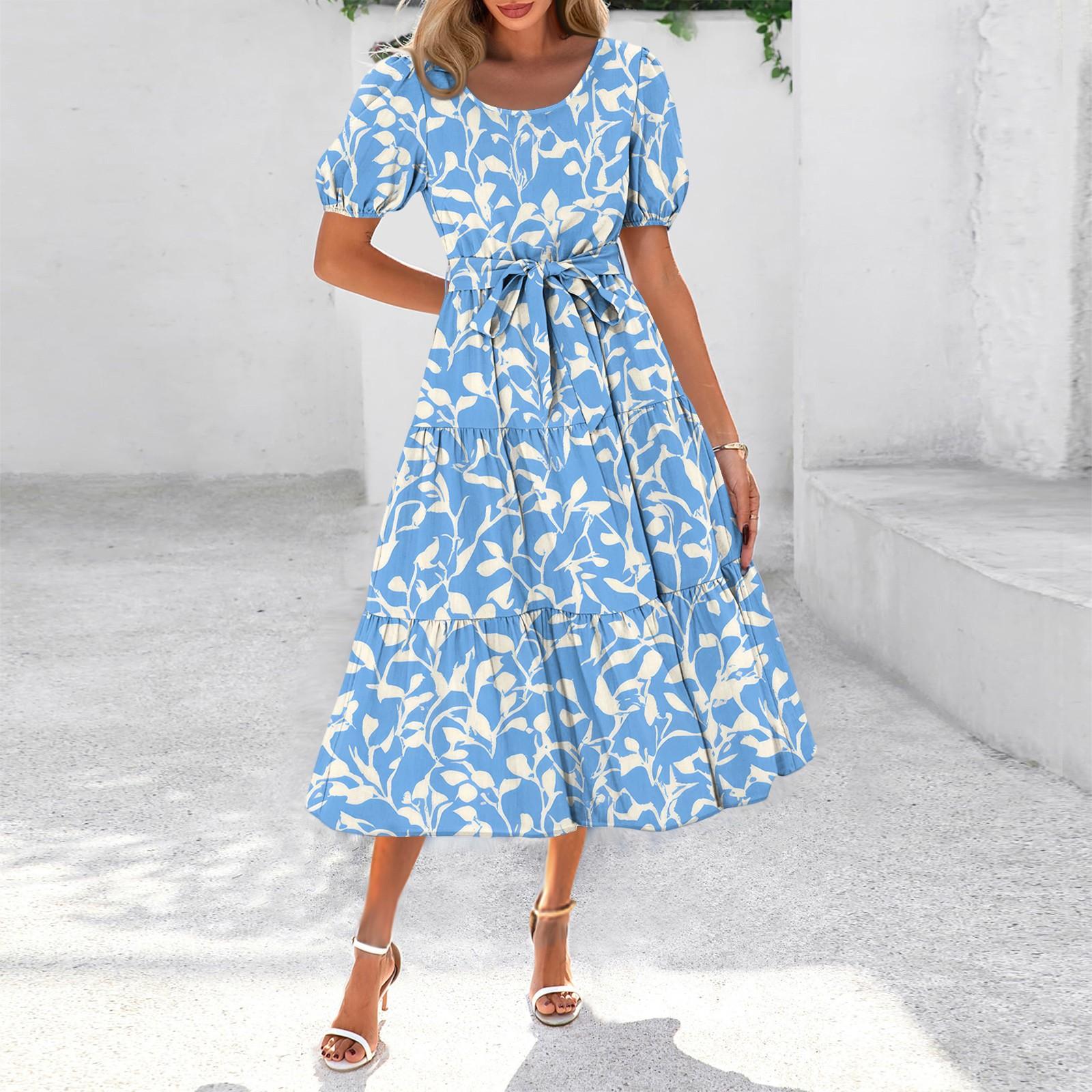 

Женское летнее платье макси с коротким рукавом, круглым вырезом, поясом и карманами в стиле бохо с струящейся отделкой XXL