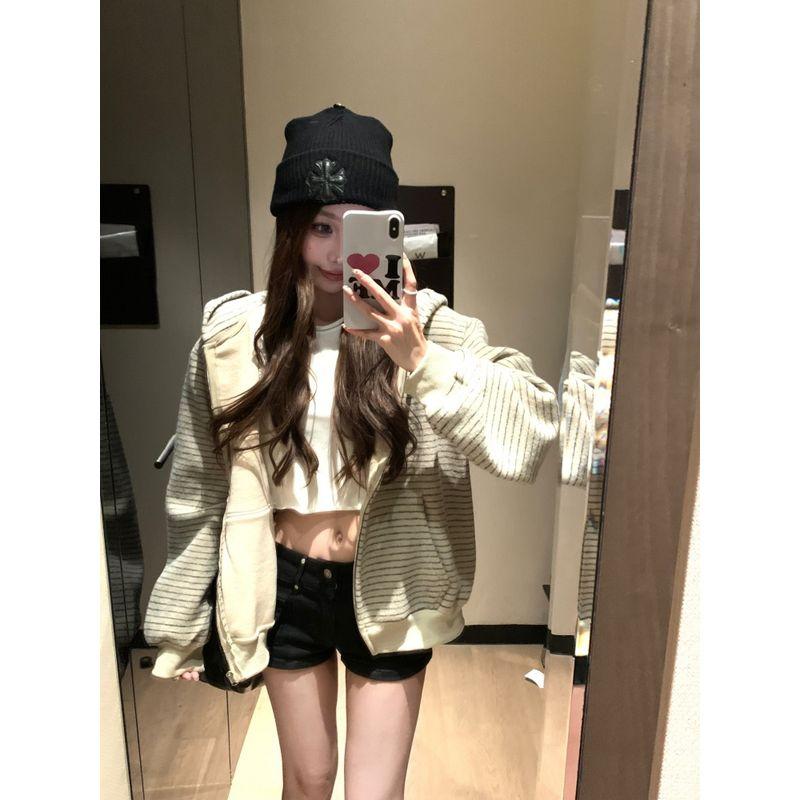 Korean Style Idle Style Contrast Color Stripes Hooded Zipper Sweatshirt Outwear Women's Autumn Minority All-Match Loose Slim Looking Tops