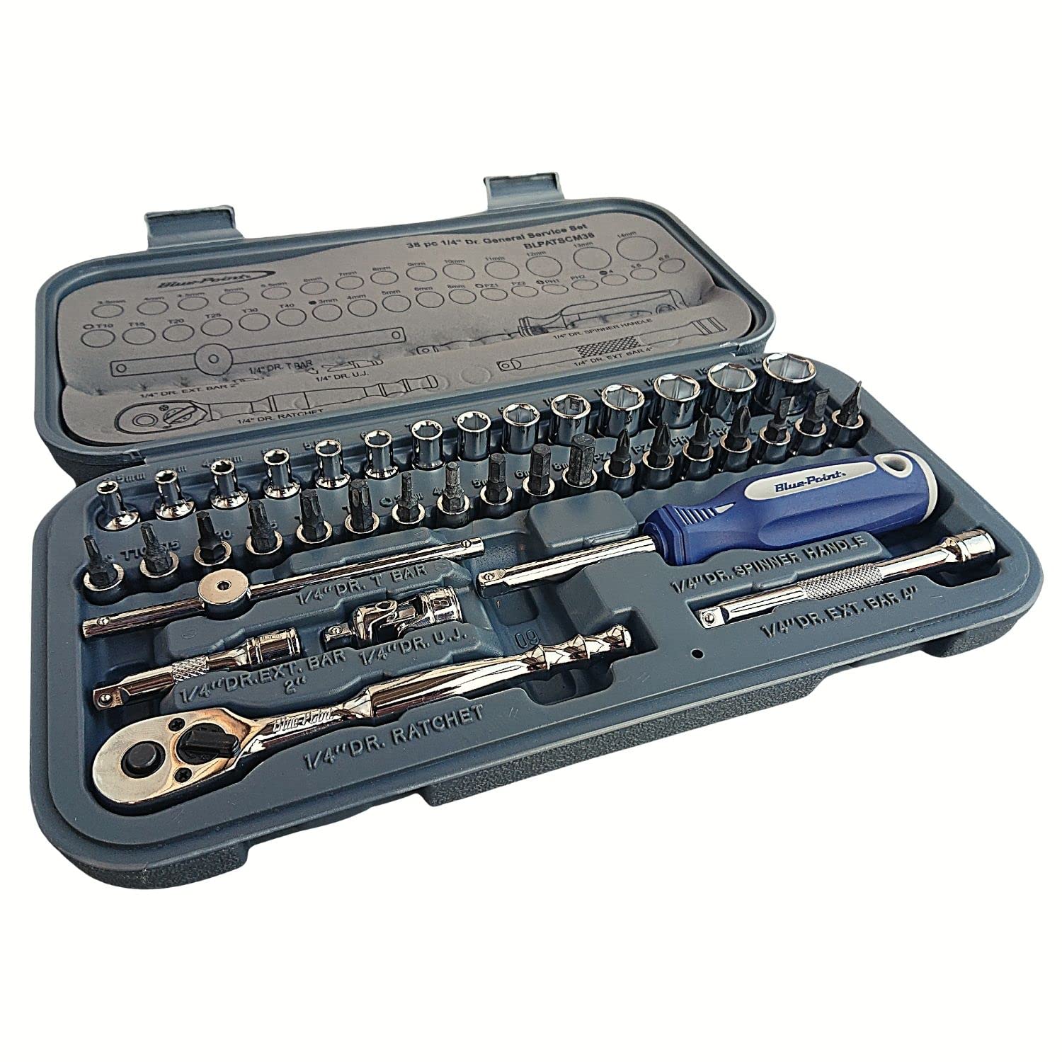 

by Ratchet Driver and Socket 38 Pieces Tools Bicycle Car Motorcycle DIY Assembly Maintenance Blue Point Hex Blue-Point Snap-on 1/4 Set, (BLPATSCM38)