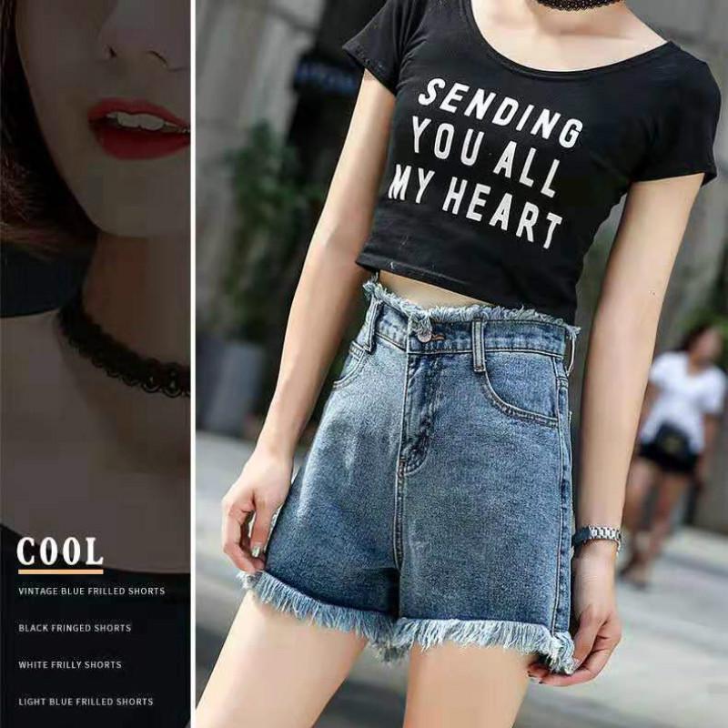 WTEMPO Denim Shorts Female Summer Students Loose High Waist Raw Edge Wide Legs Wild Plus Size Pants