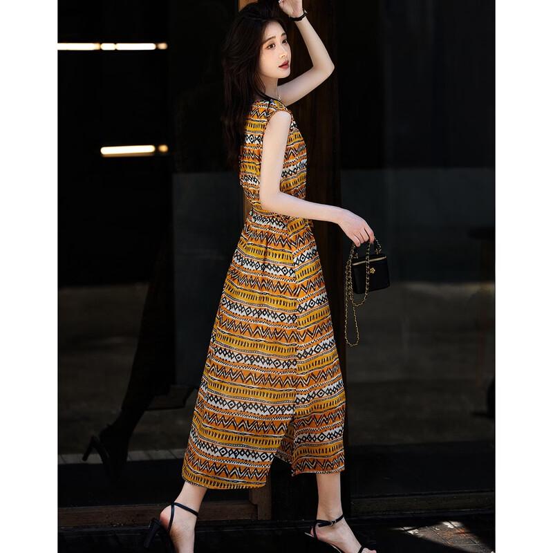 Demana Women's 100% Mulberry Silk Ethnic Striped Sleeveless Dress