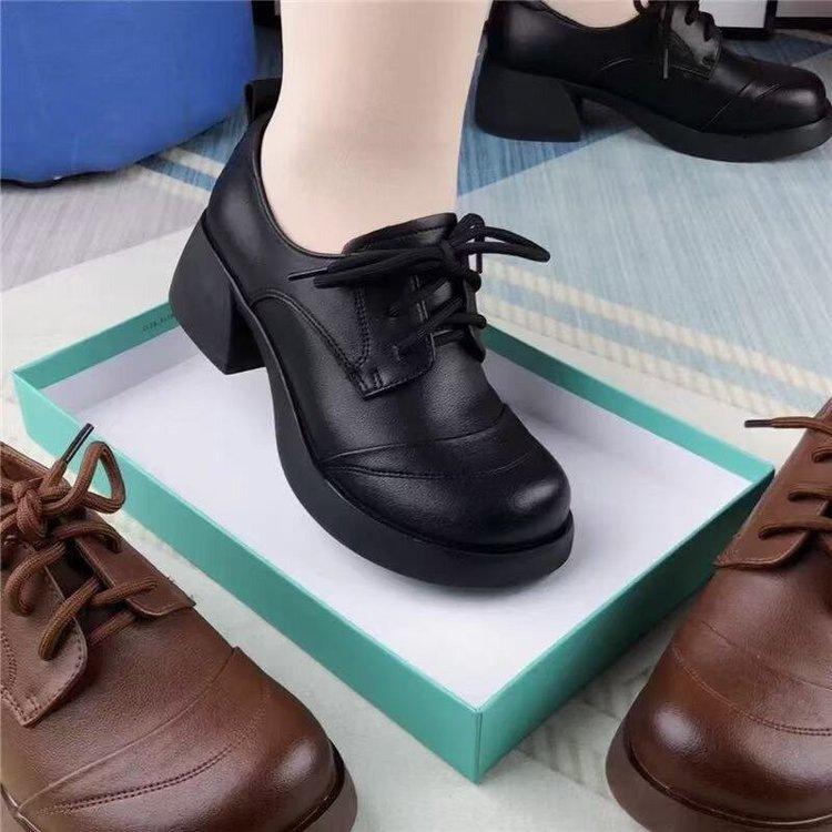 Round head thick heel loafers women's 2025 autumn new lace-up British style small leather shoes popular medium heel black single shoes