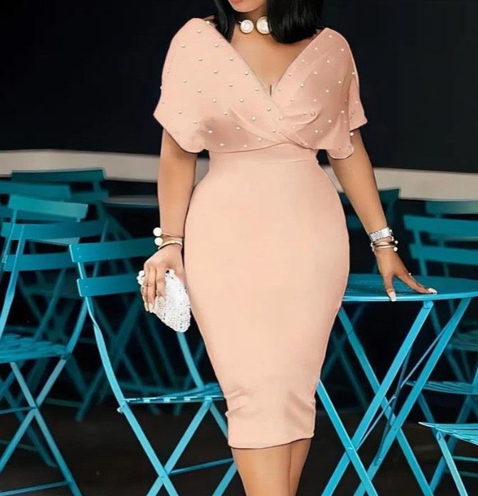 Women's summer elegant V-neck short-sleeved diamond-studded tube top slim dress