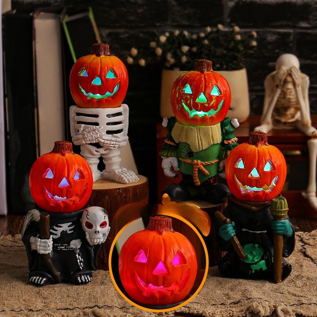Halloween Lantern Pumpkin Knight Tabletop Decoration, Glowing Small Pumpkin Head Ghost Resin Garden Decoration