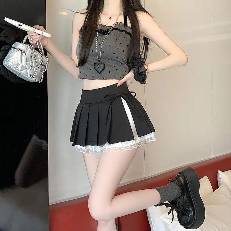 Spicy Girl Grey Lace Pleated Mini Skirt with Split Bow Detail