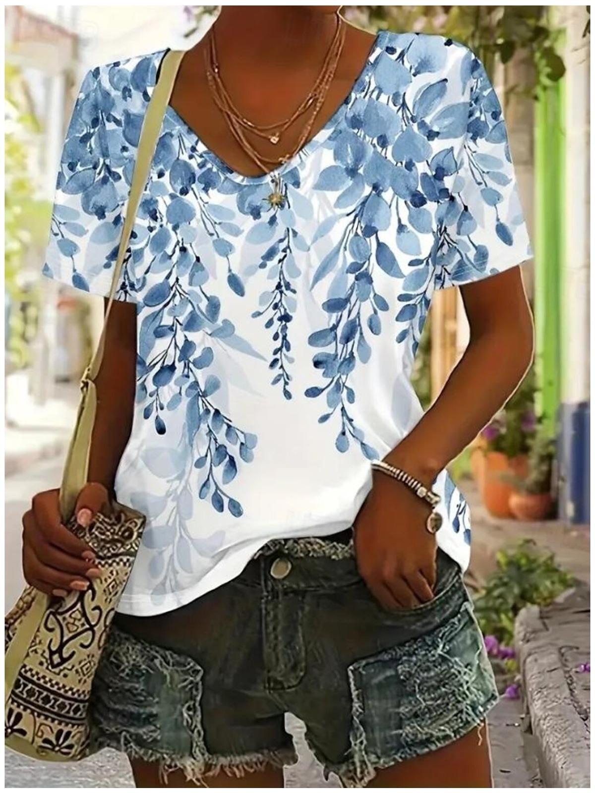 

Летняя футболка женская с принтом, цветочный графический, растения, винтажная, тропическая, гавайская, с коротким рукавом, V-образным вырезом, повседневная, с принтом, весенние футболки 5XL