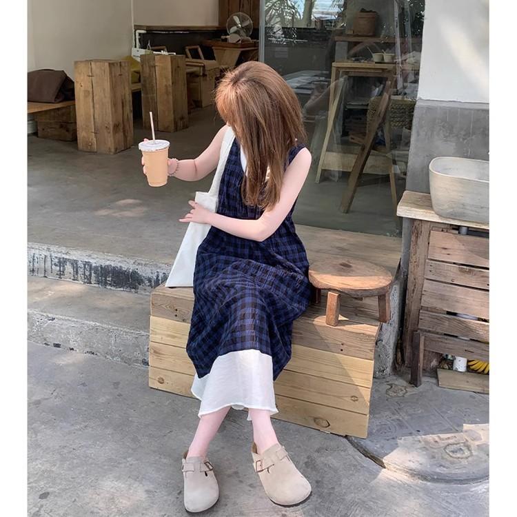 Blue plaid sleeveless dress French literary style Mori retro small fresh holiday suspender vest long dress