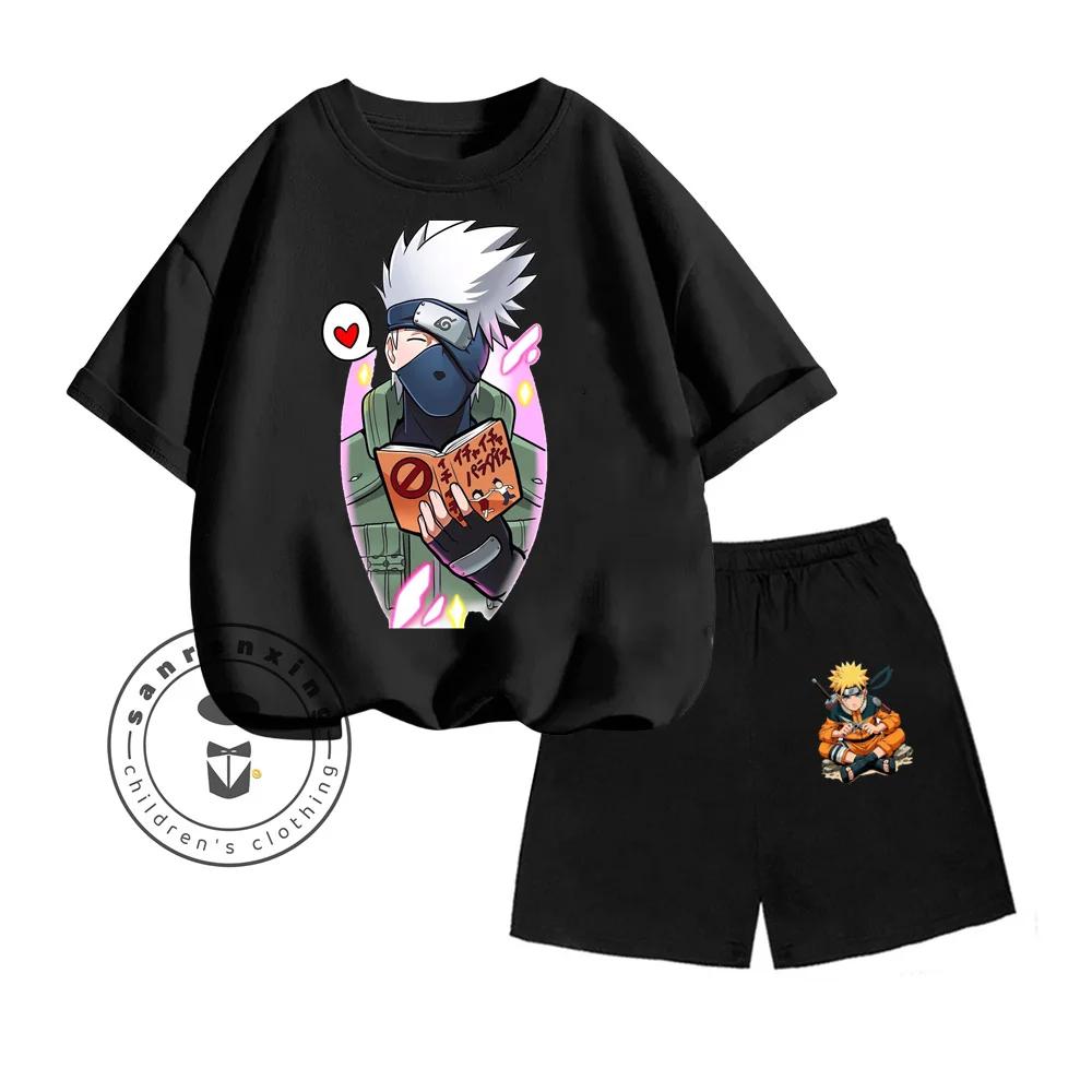 Unique NARUTO Animated Cartoon Character Vertical Print Design O-neck Skin-friendly Short Sleeve and Shorts Kids Two-piece Set