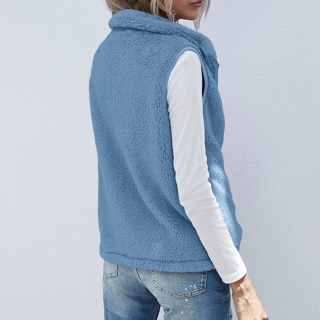Women's Fashion Solid Color Loose Sleeveless Plush Zipper Coat
