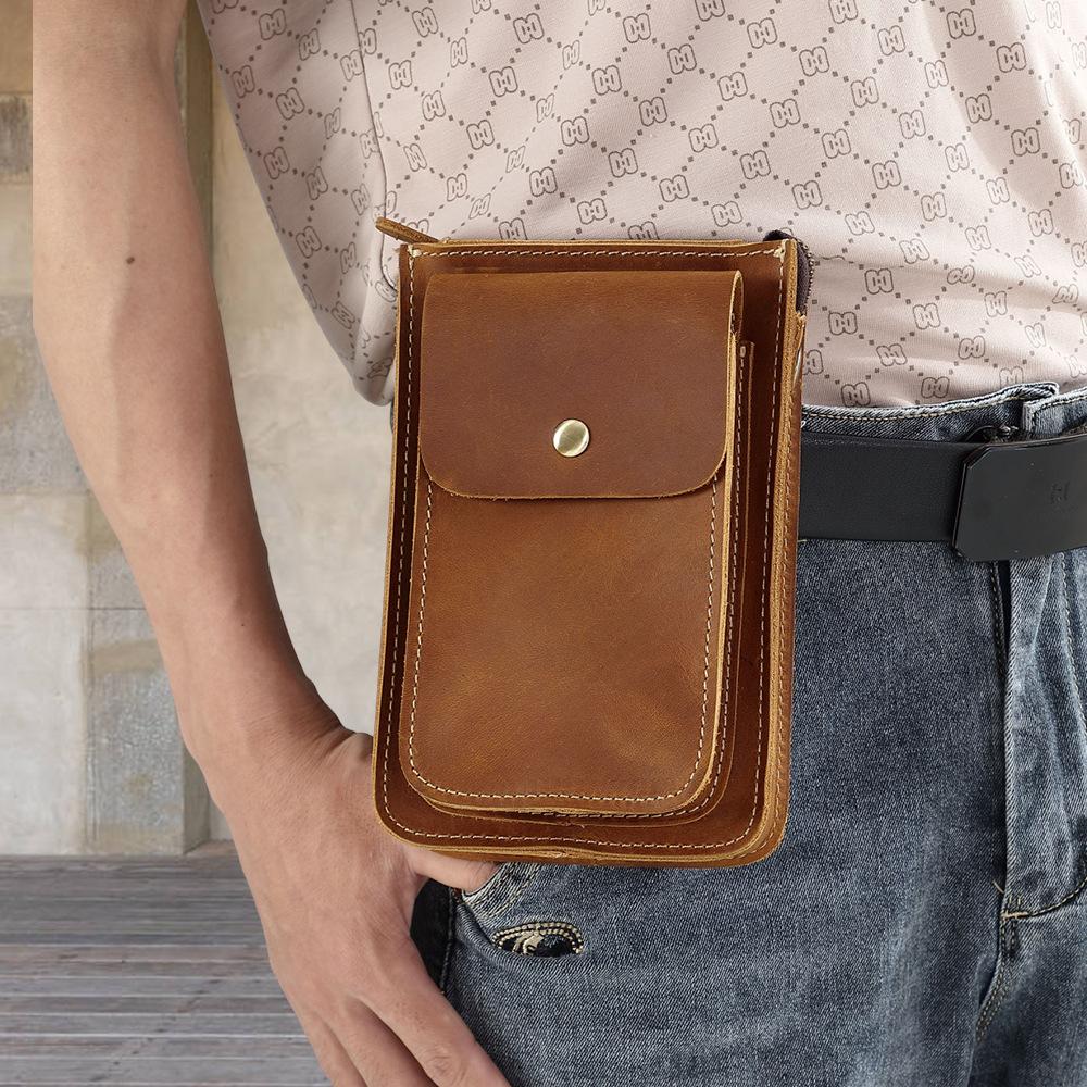 Head Layer Cowhide Phone Bag, Multifunctional Waist Bag, Genuine Leather Crossbody Bag, Shoulder Bag, Outdoor Belt Waist Bag