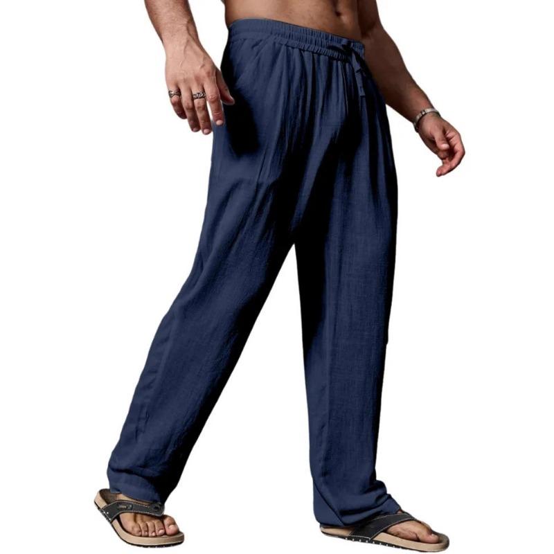 Men Elastic Drawstring Waist Linen Pants Loose Wide Leg Breathable Summer Beach Casual Long Trousers