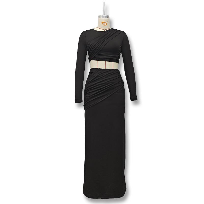 Women's Neckline Long-sleeved Crop Top Slim-fit Trouser Skirt Suit