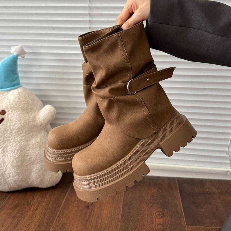 Womens Height Increasing Cowboy Boots Thick Soled Midsole Boots Simple Comfortable Ankle Boots Round Toe Thick Heel Womens Shoes