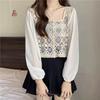 French Hollowed Out Spliced Chiffon Shirt with A Niche Retro Splicing Design, Short Square Collar and Stacked Sleeves, Women's Top