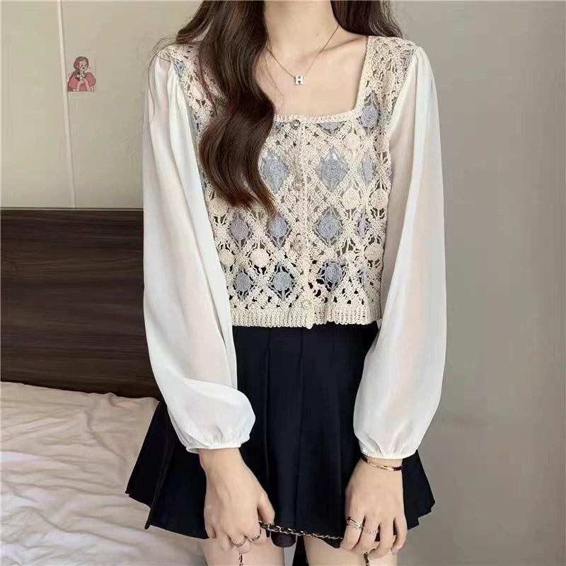French Hollowed Out Spliced Chiffon Shirt with A Niche Retro Splicing Design, Short Square Collar and Stacked Sleeves, Women's Top