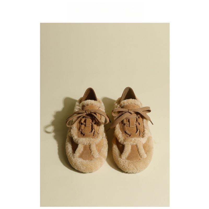 

Повседневная обувь снежный хлопок женская 2025 осень и зима новая обувь из овечьей шерсти на шнуровке универсальная лоскутная бархатные туфли-бобы 40 верблюд