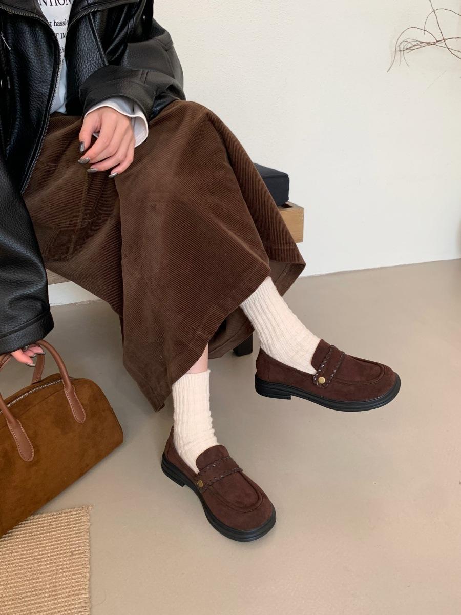 

Старые деньги ветер интернет-знаменитость лоферы на плоской подошве для осени 2025, новые, толстый низкий каблук, замшевые, кожаные туфли-лодочки с глубоким вырезом, женские 40 темно-коричневого