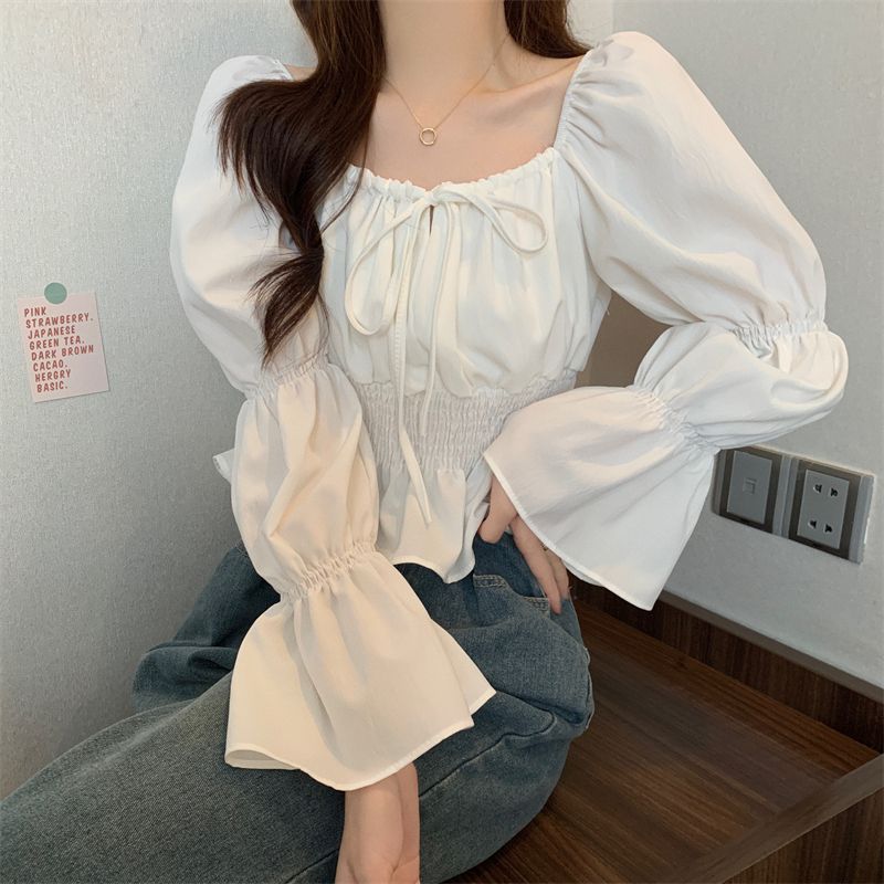 Hemd im französischen Stil Nischen-Temperament Schlüsselbein Sanfter Stil Tailliert Rüschenkante Hemd Top