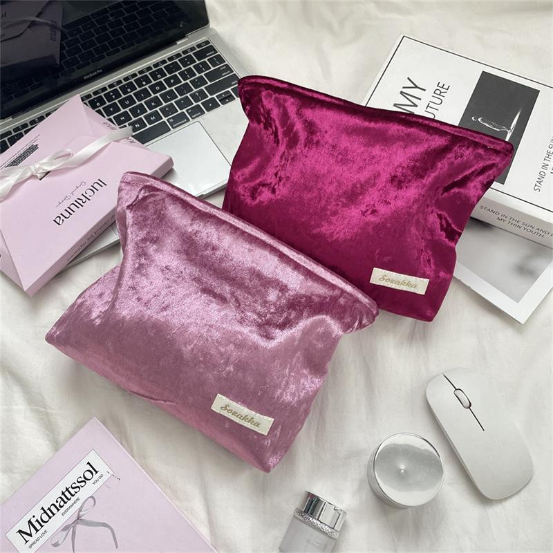 Trendy Velvet Cosmetic Bag Large Capacity Travel Suede Storage Bag Simple Women Girly Portable Clutch Toiletry Bag Gifts