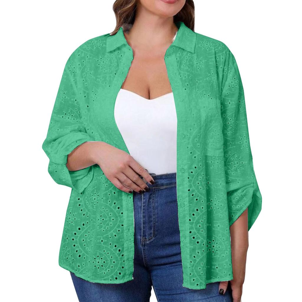 Women's Casual Loose  Shirt Collar Embroidered Hollowed Out Shirt Top