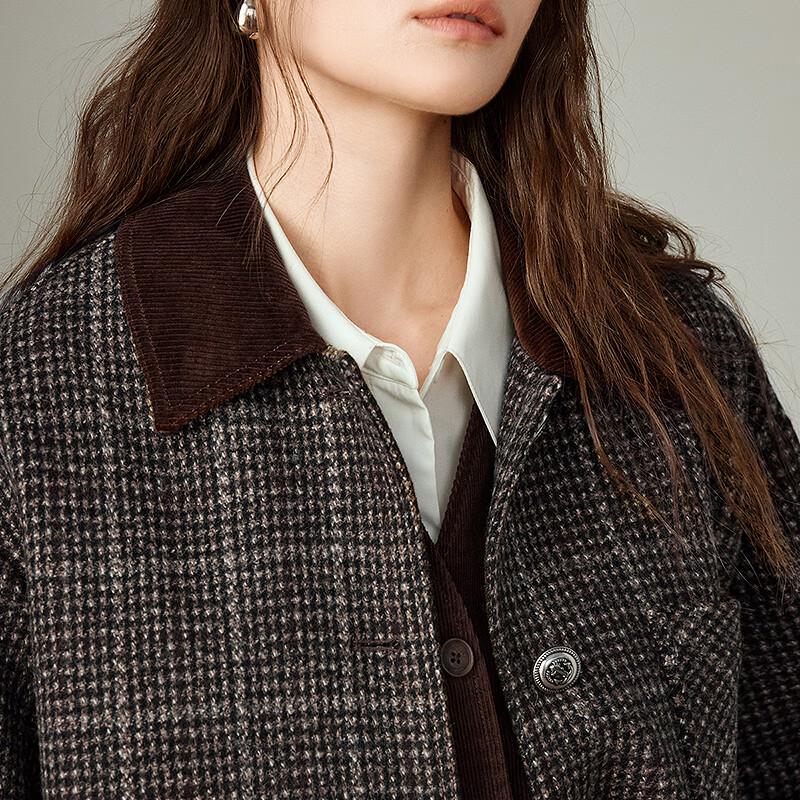Chuyu Women's 100% Lamb Wool Plaid Tweed Corduroy Overcoat