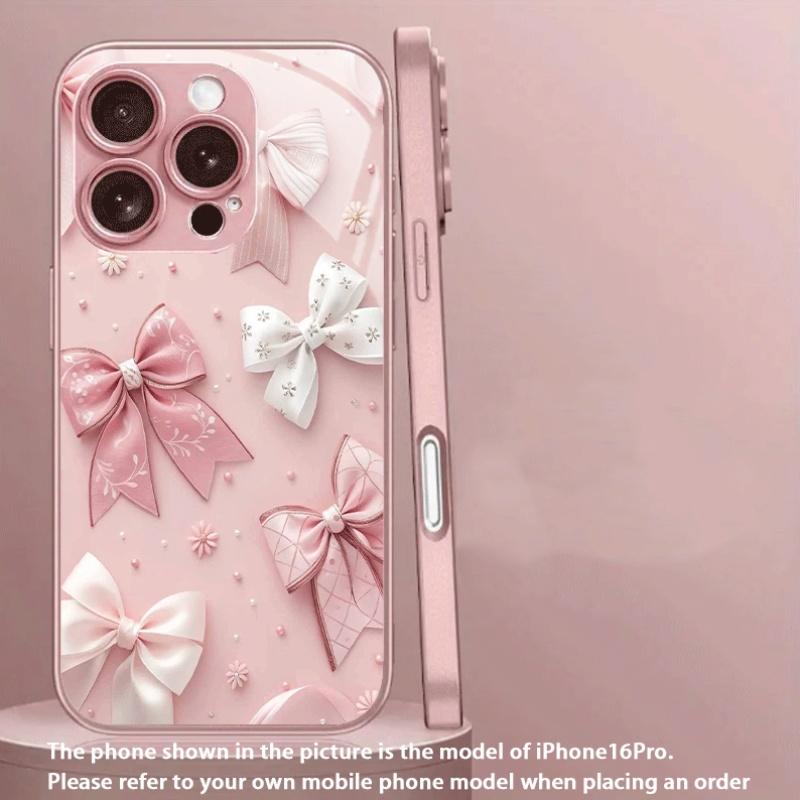 Pink Bow Design Tempered Glass Phone Case Suitable for iPhone17 16 15 14 13 12 11Pro/Max/Plus Anti Drop and Shockproof Backcover