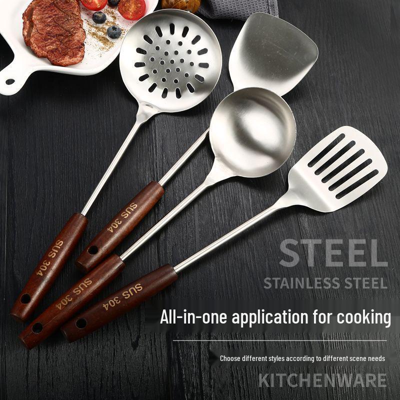 304 Stainless Steel Slotted Spatula Set with Anti-scald Wooden Handle - Thickened for Stir-frying & Cooking.