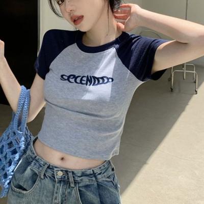 Estilo Puro Deseo Top Corto de Estudiante Chica Picante Ajustado Verano Camiseta de Manga Corta para Mujer