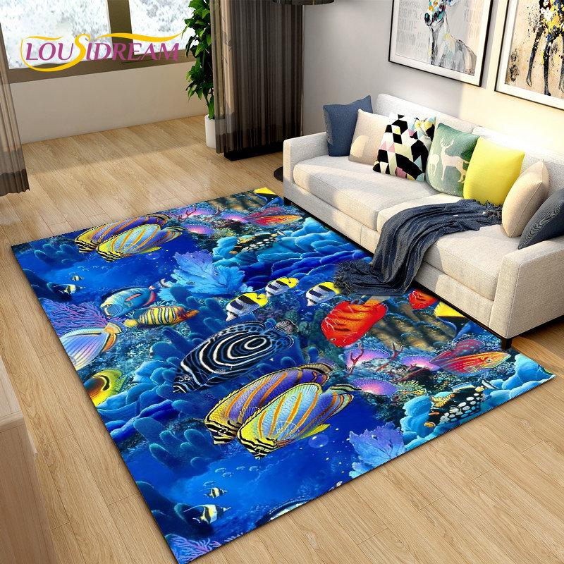 3D Underwater World Sea Turtle Dolphin Area Rug Large,Carpet Rug for Living Room Bedroom Sofa Doormat Kitchen,Non-slip Floor Mat