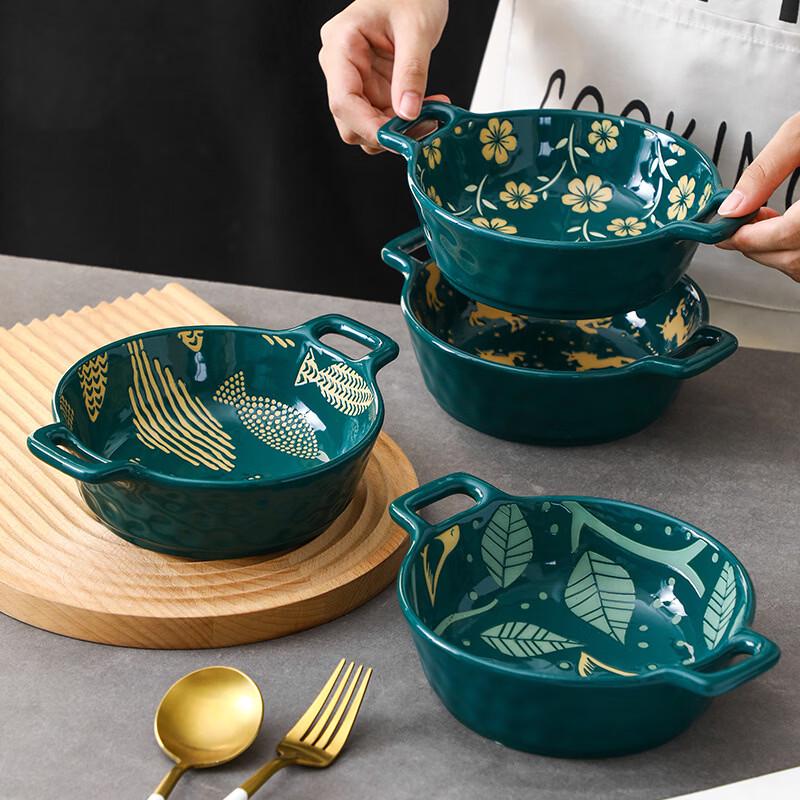 8-inch Embossed Underglaze Ceramic Double-Handle Bowl