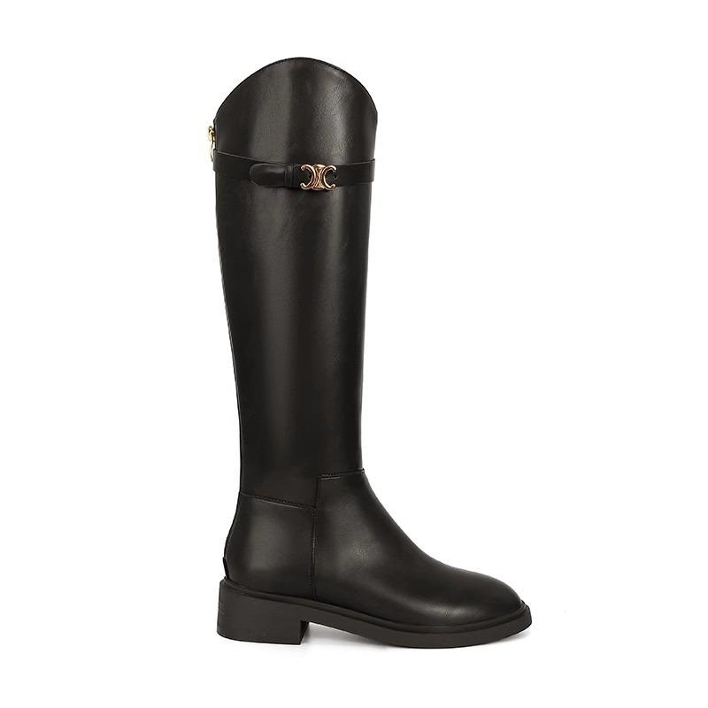 Cowhide Leather Slant Boots Buckle Thick Heel High Knight Boots Women's Boots