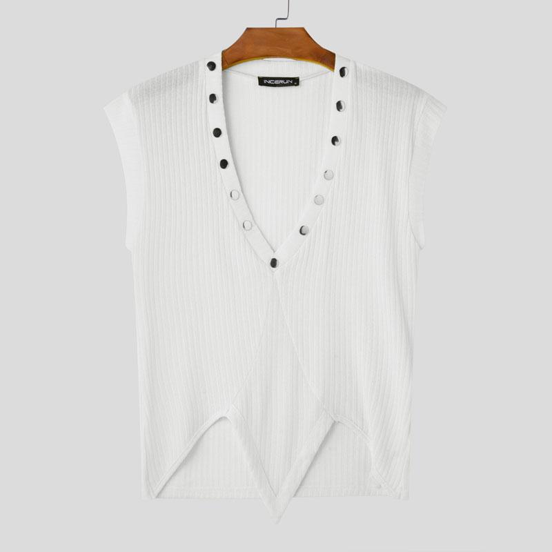 

INCERUN Summer Men Deep V Neck Sleeveless Rib Casual Irregular Slim Tank Tops 4XL белый