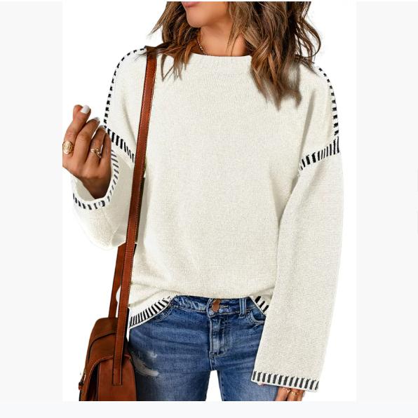 Autumn and Winter Women's Sweater Solid Color Round Neck Loose Long-sleeved Contrast Color Twisted Knitted Pullover Sweater Top