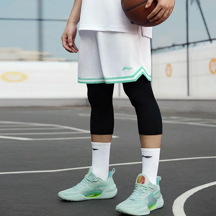 Li Ning CBA Series Striped Color Block Mid Waist Straight Basketball Shorts Men shorts White AAPU097-7