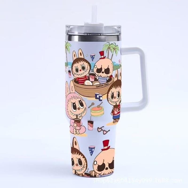 Cartoon Pattern 40oz Car Cup 304 Stainless Steel Thermos Cup Car Straw Bingba Cup