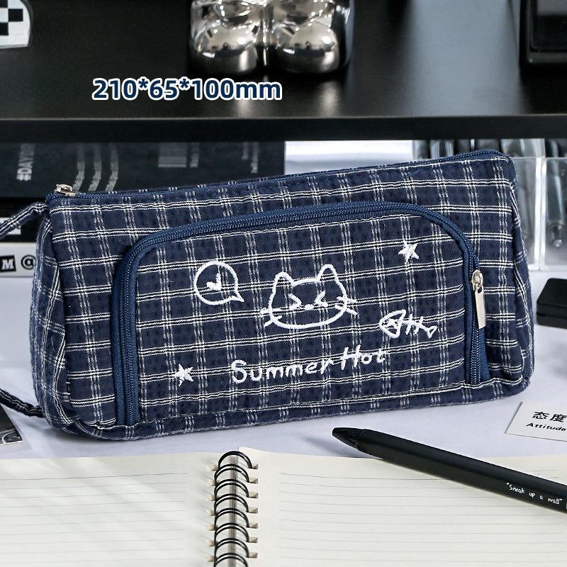 Милий клітчастий пенал-кіт для дітей Хлопчик Дівчинка Мультяшний Велика місткість Багатошаровий Шкільний пенал Шкільне приладдя Подарунок