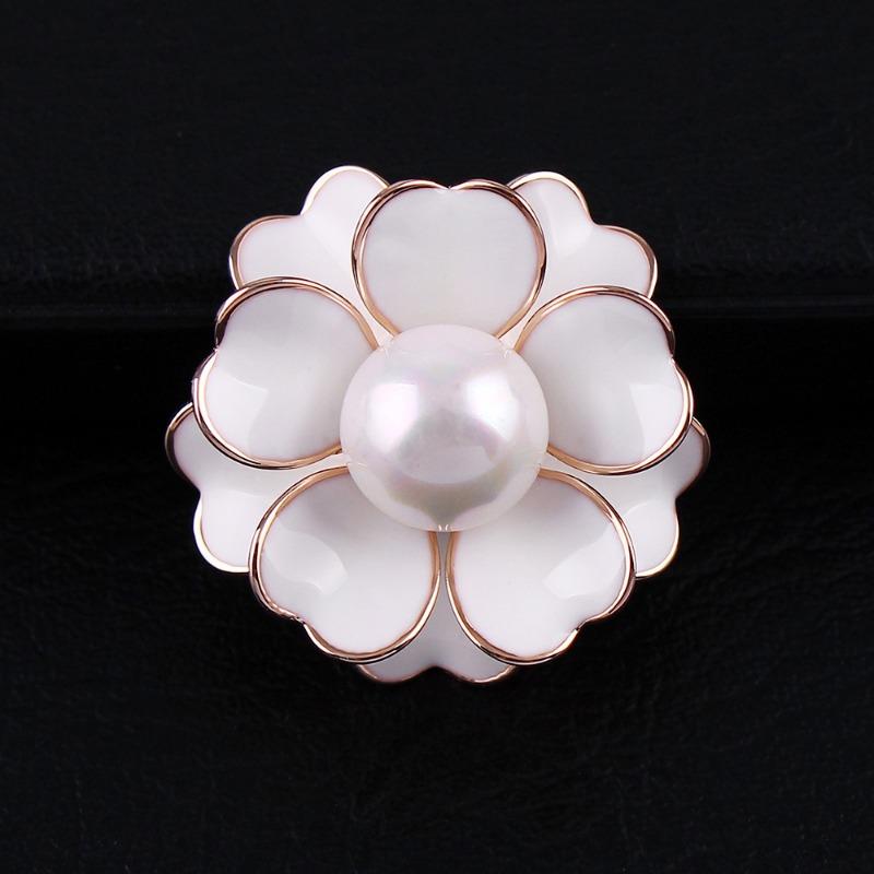 Camellia Pearl Oil Flower Brooch, Grand Carver Button Brooch, Women's Suit Accessory Shawl Button