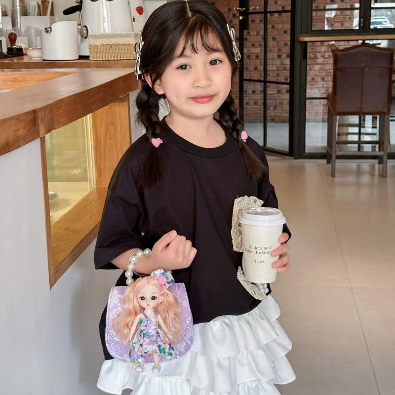 Adorable Purple And Pink Cartoon Princess Shoulder Bag For Kids With Pearl Chain Strap