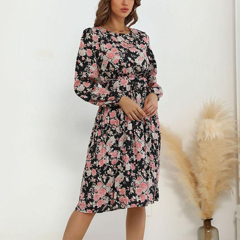 YYFS Dámská móda Léto Jaro Květinový potisk Ležérní šaty s dlouhým rukávem do O s výstřihem
