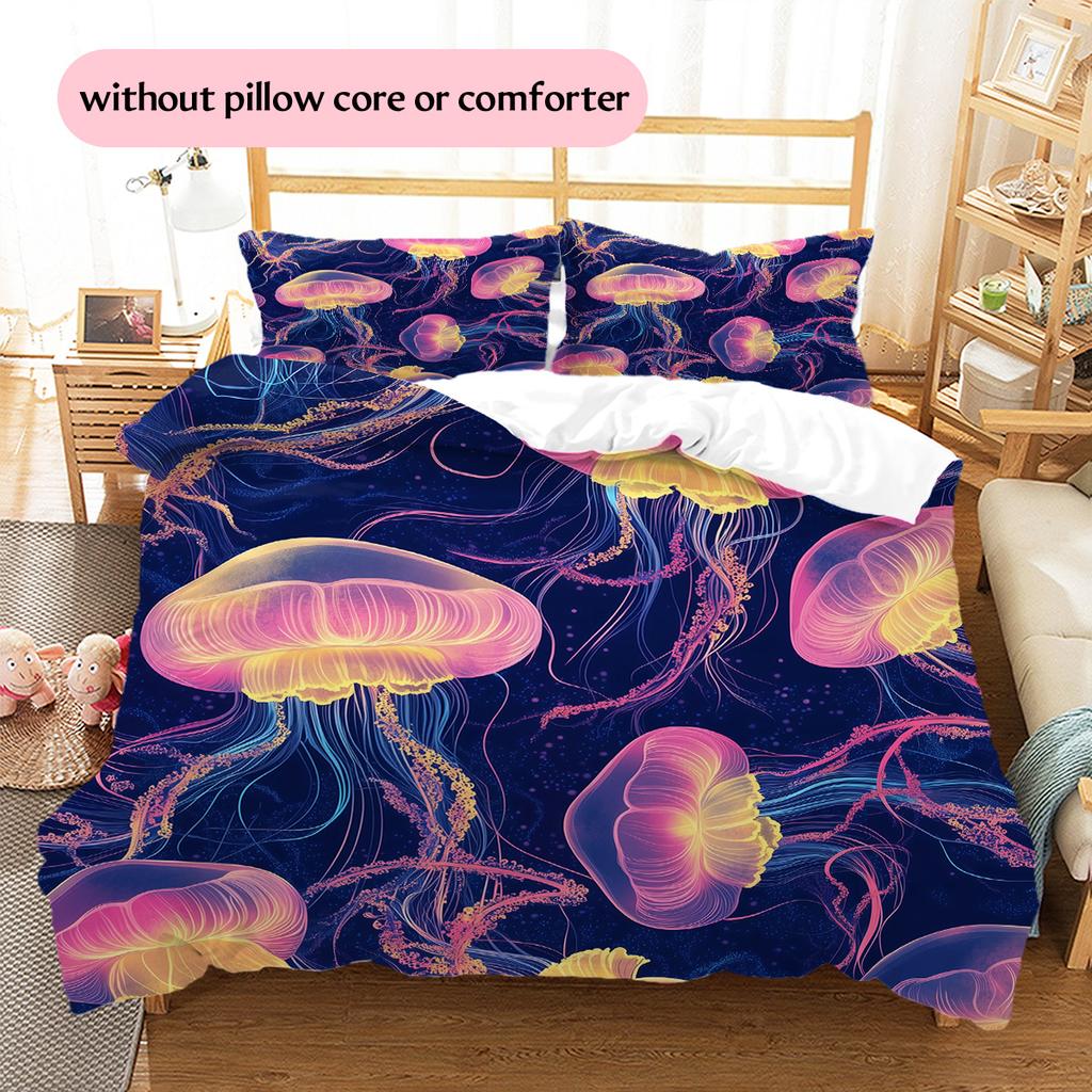 Colorful jellyfish  Pattern Bedding Quilt Set Quilt Cover Pillowcase Home Decoration  Gift (1 * duvet cover + 2 * pillowcase, without core)