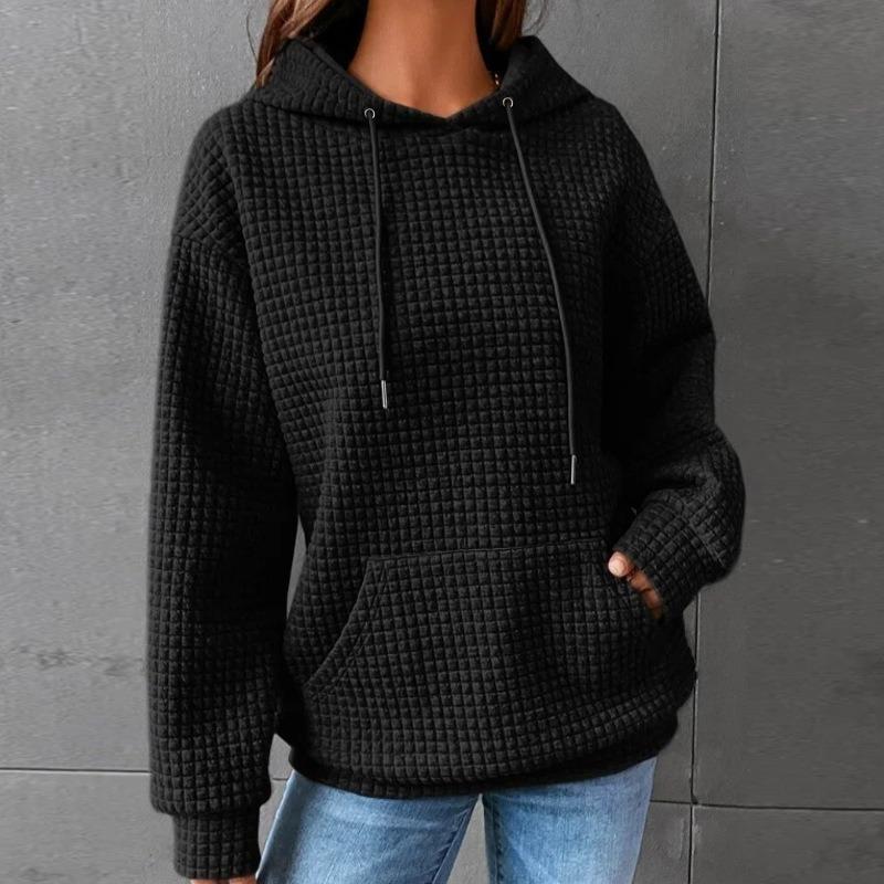 Color Block Waffle Drawstring Hoodie, Casual Long Sleeve Pocket Sweatshirt, Women's Clothing