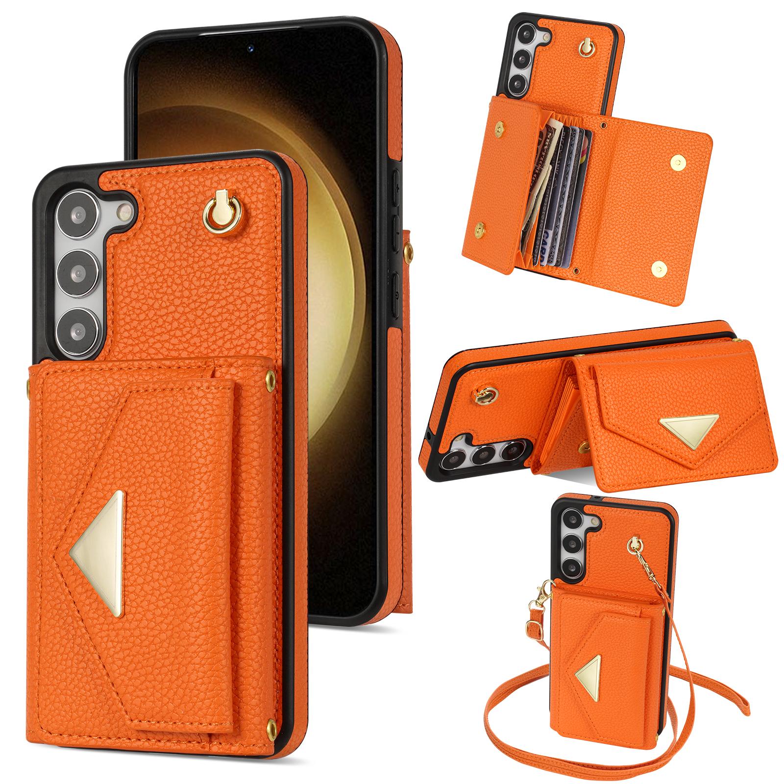 

For Samsung Galaxy S24+ Cell Phone Case Card Bag Anti-drop Leather+TPU Cover with Shoulder Strap Orange