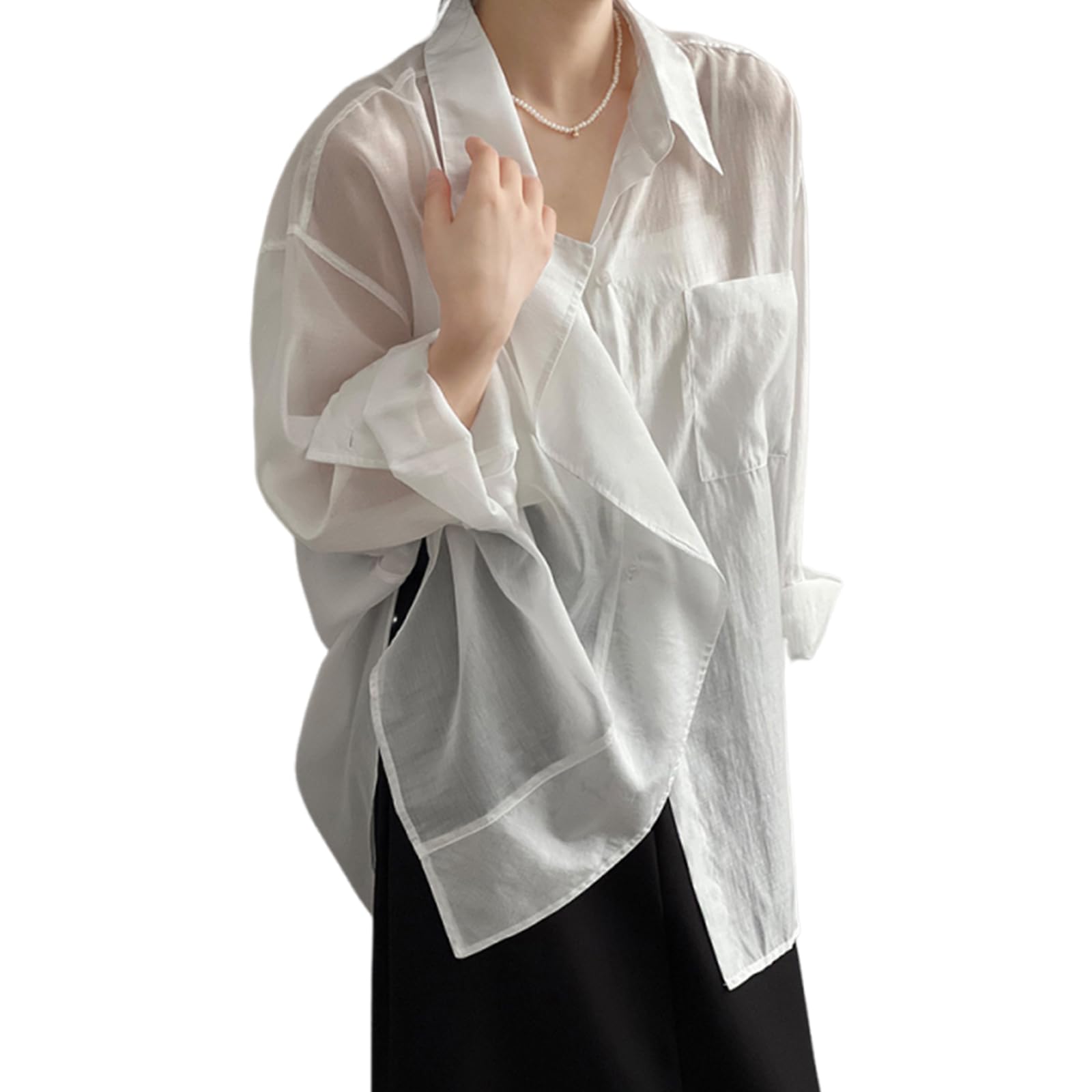 

Прозрачная блузка с длинным рукавом, открытая, УФ-защита, свободная посадка, идеально для воздуха, солнца, идеально для и осени [Leadamon-oee] Женская, Перед, Защита, Посадка, Кондиционирование, белый