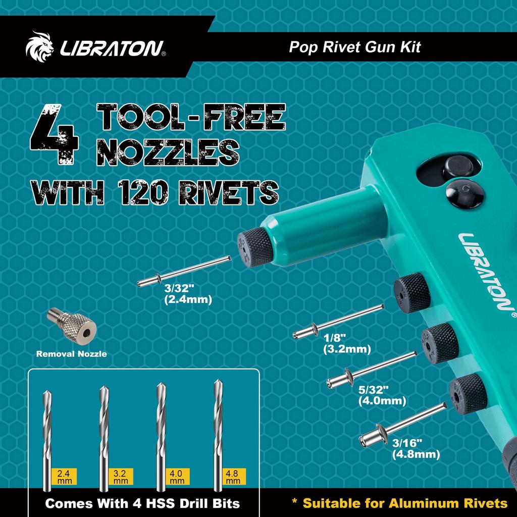 LIBRATON Hand Riveter Includes 120 Blind 4 Drill and 4 Toolless Nose Riveting Tool Set Set, Rivets, Bits, Pieces,