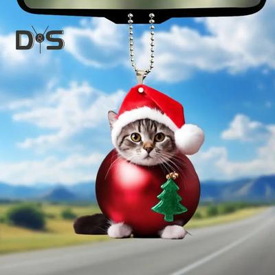 Schaukelnde Katze im Autospiegel, hängendes Ornament mit Weihnachtsmütze, Auto-Anhänger, Dekoration, Acryl, vielseitiges Auto-Innenzubehör