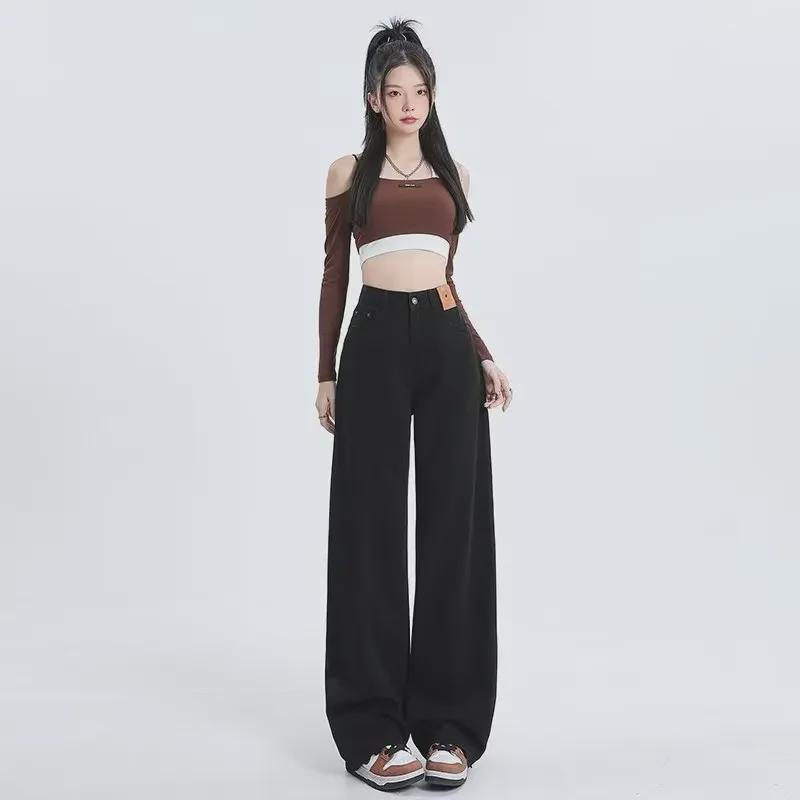 Girls' Black Wide-Leg High-Waist Jeans - Spring/Autumn 2024 Collection, Loose Straight Floor-Length Pants with High Street Style.