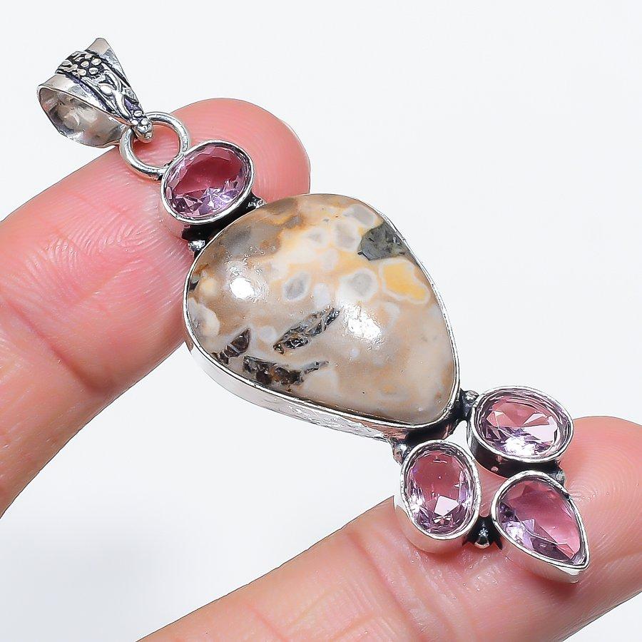 

Натуральный агат в горошек, Кунцит 925 Стерлинговое серебро Ювелирная подвеска 2,56 S5B80